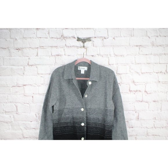 Vintage! Lisa International Gray Black Button Down Boiled Wool Sweater Size M - Picture 3 of 6